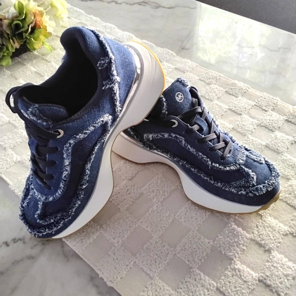 Michael Kors ARI Frayed Denim Trainers.  NWT